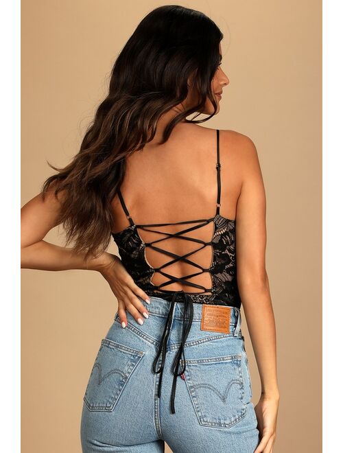 Lulus Flirty Touch Black Lace-Up Lace Bodysuit