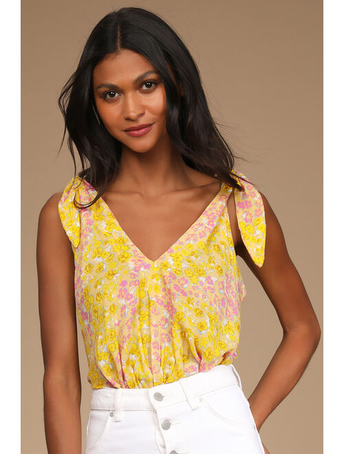 Free People Bare it All Yellow Floral Print Tie-Strap Bodysuit