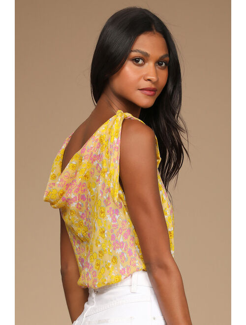 Free People Bare it All Yellow Floral Print Tie-Strap Bodysuit