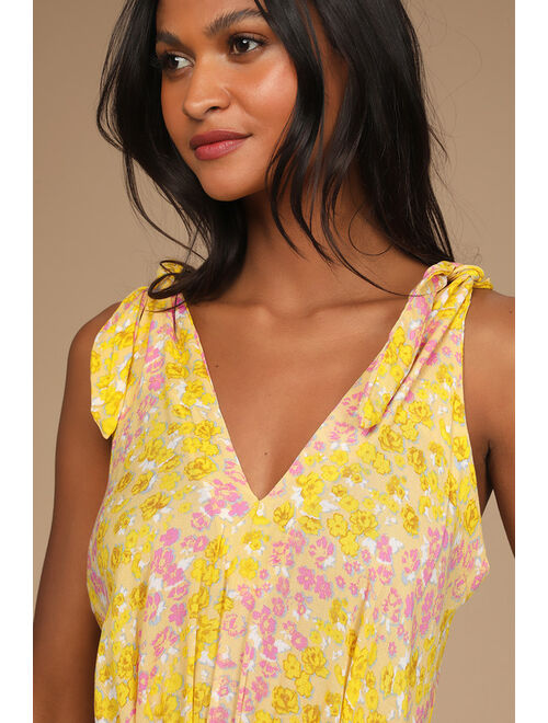 Free People Bare it All Yellow Floral Print Tie-Strap Bodysuit