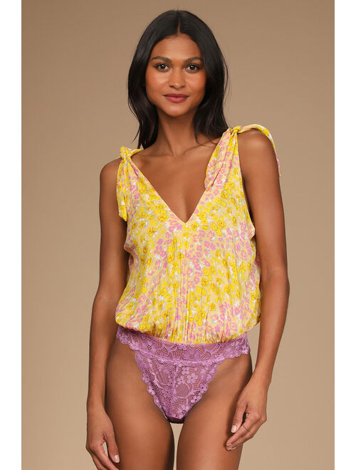 Free People Bare it All Yellow Floral Print Tie-Strap Bodysuit