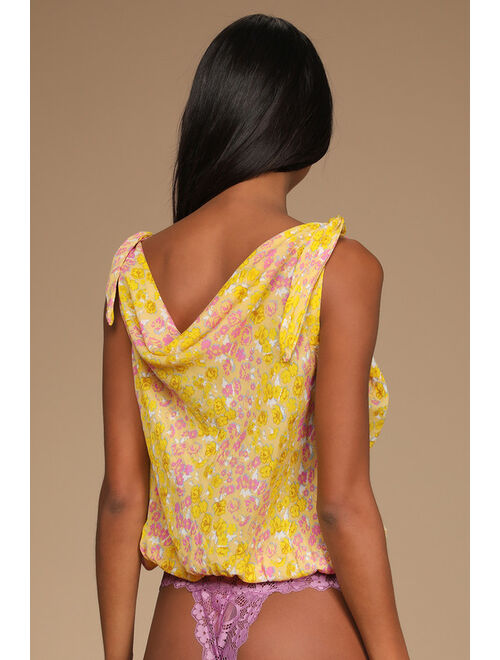 Free People Bare it All Yellow Floral Print Tie-Strap Bodysuit