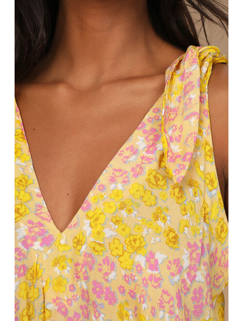 Free People Bare it All Yellow Floral Print Tie-Strap Bodysuit