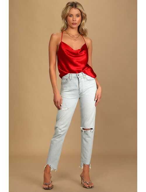 Lulus Forever Classy Red Satin Cowl Neck Tank Top