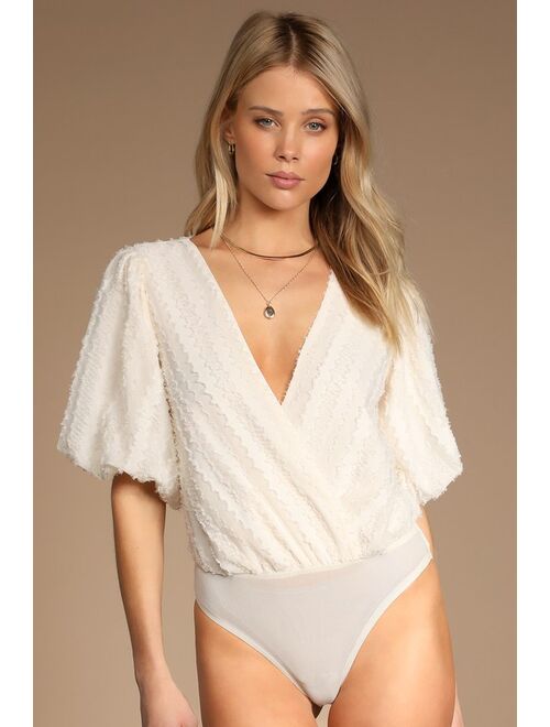 Lulus Instantly a Favorite Cream Surplice Puff Sleeve Bodysuit