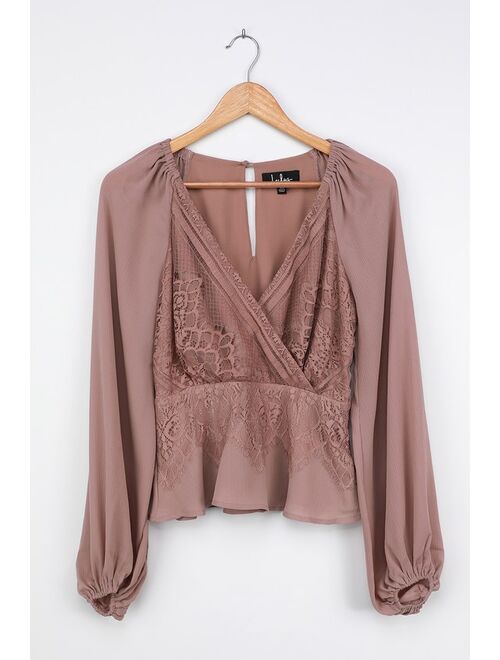 Lulus Loving Arms Taupe Lace Long Sleeve Peplum Top