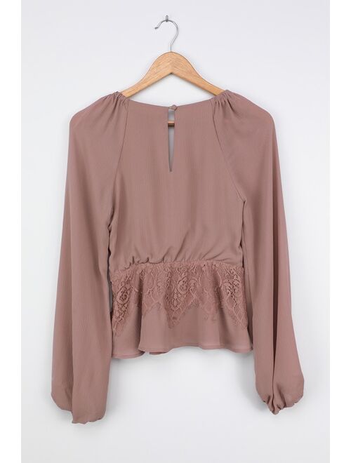 Lulus Loving Arms Taupe Lace Long Sleeve Peplum Top