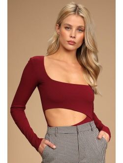 Skill Set Burgundy Ribbed Long Sleeve Cutout Bodysuit