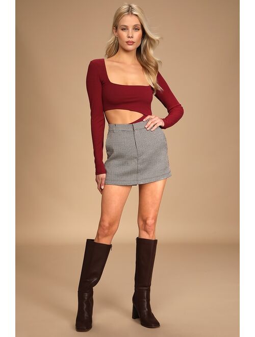 Lulus Skill Set Burgundy Ribbed Long Sleeve Cutout Bodysuit