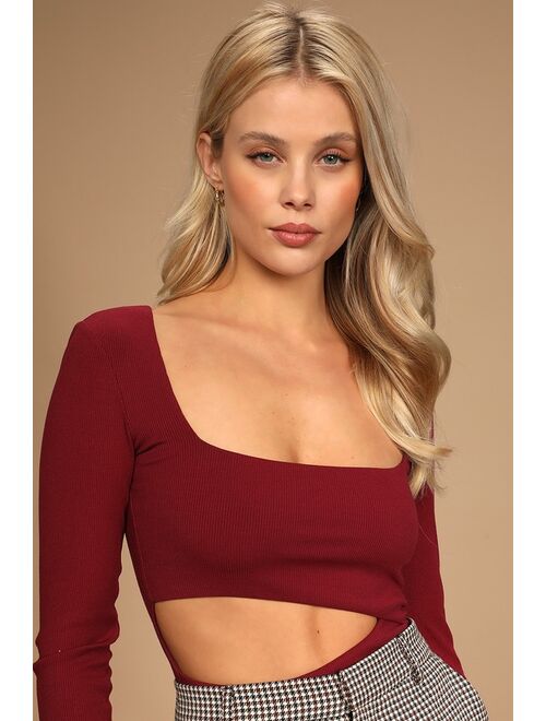 Lulus Skill Set Burgundy Ribbed Long Sleeve Cutout Bodysuit