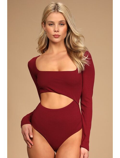 Lulus Skill Set Burgundy Ribbed Long Sleeve Cutout Bodysuit