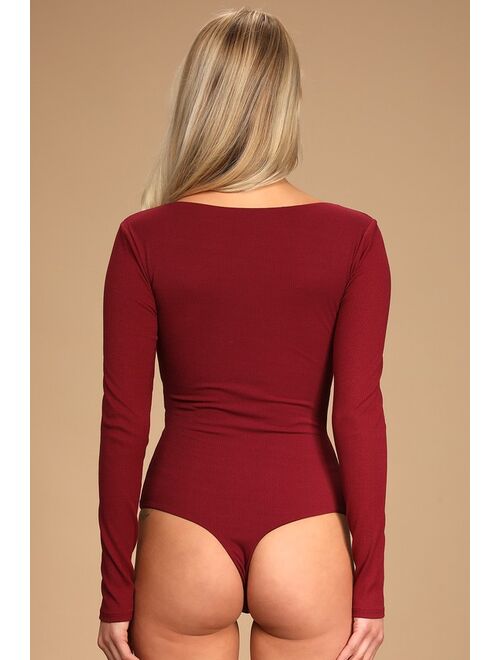 Lulus Skill Set Burgundy Ribbed Long Sleeve Cutout Bodysuit