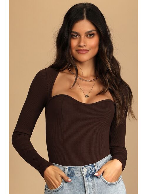 Lulus Alluring Aesthetic Dark Brown Ribbed Long Sleeve Bodysuit