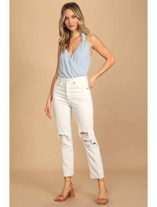 Lulus Style Select Light Blue Crinkled Tie-Back Surplice Bodysuit