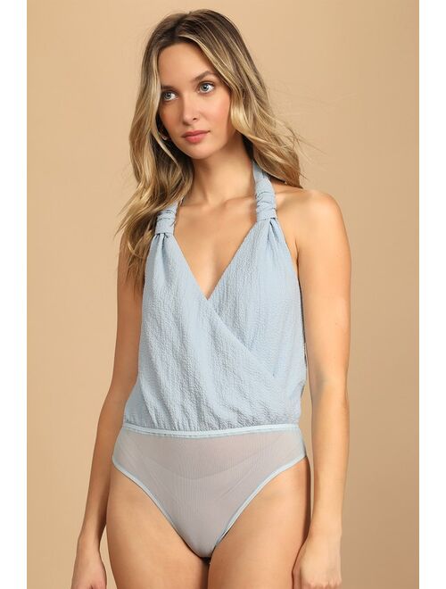 Lulus Style Select Light Blue Crinkled Tie-Back Surplice Bodysuit