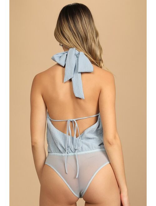 Lulus Style Select Light Blue Crinkled Tie-Back Surplice Bodysuit