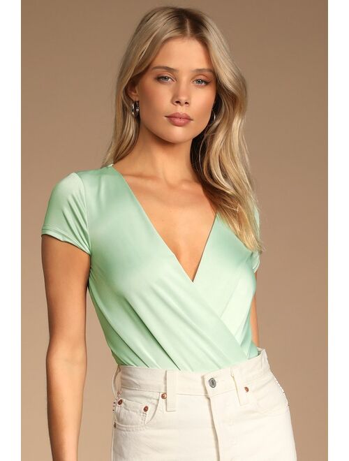 Lulus Always Classy Mint Green Short Sleeve Surplice Bodysuit