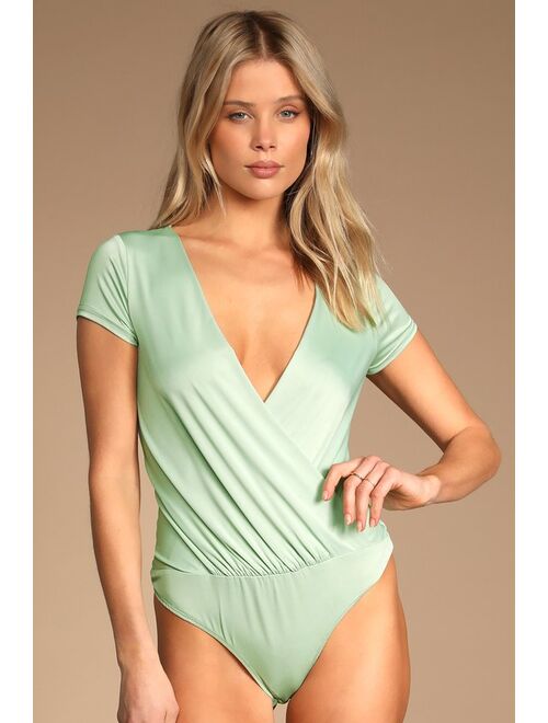 Lulus Always Classy Mint Green Short Sleeve Surplice Bodysuit