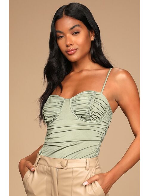 Lulus Sultry Season Sage Green Ruched Underwire Bodysuit