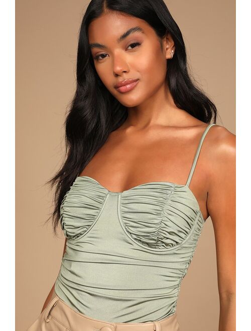 Lulus Sultry Season Sage Green Ruched Underwire Bodysuit