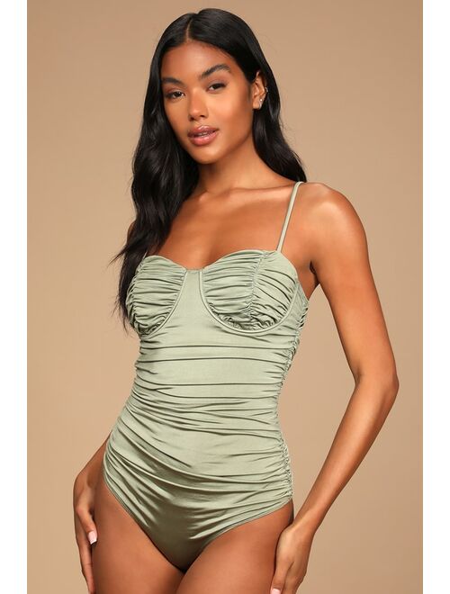 Lulus Sultry Season Sage Green Ruched Underwire Bodysuit