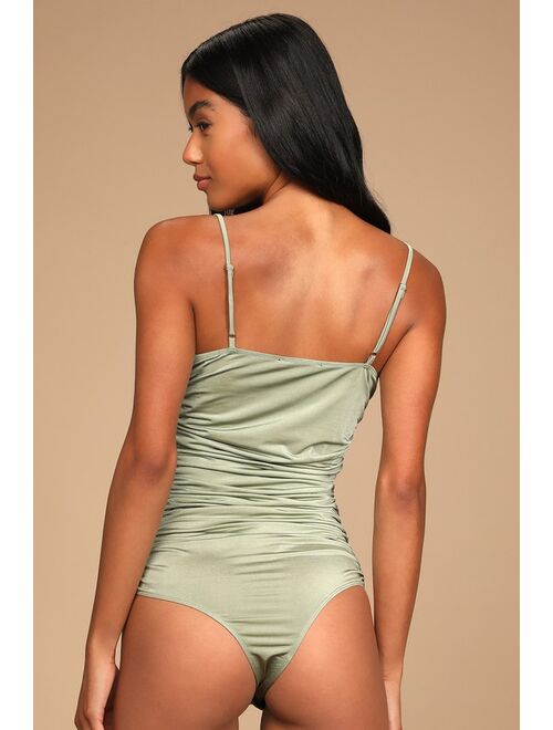 Lulus Sultry Season Sage Green Ruched Underwire Bodysuit