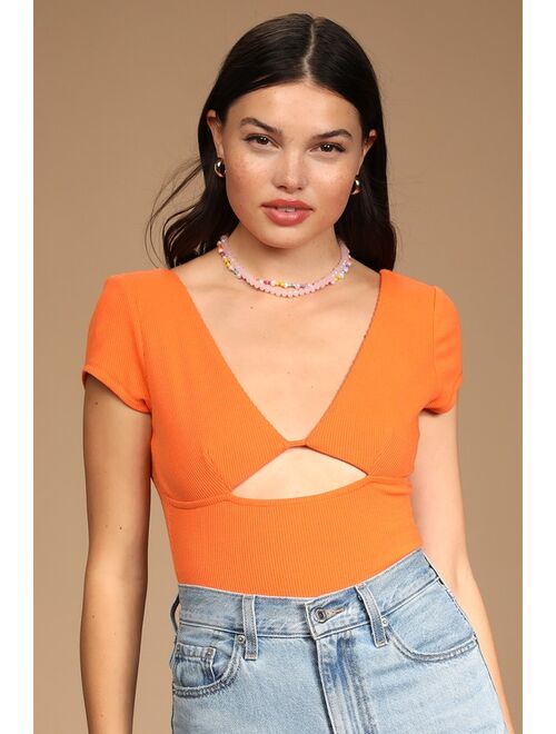 Lulus So Sunny Bright Orange Ribbed Cutout Short Sleeve Bodysuit