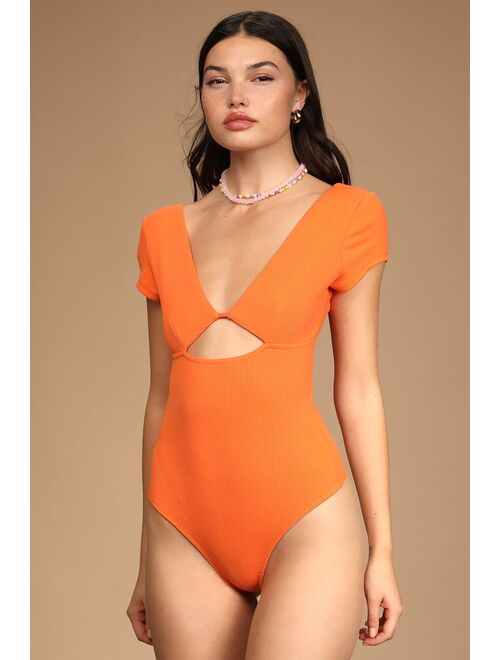 Lulus So Sunny Bright Orange Ribbed Cutout Short Sleeve Bodysuit