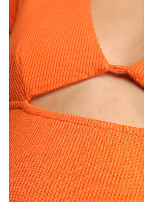 Lulus So Sunny Bright Orange Ribbed Cutout Short Sleeve Bodysuit