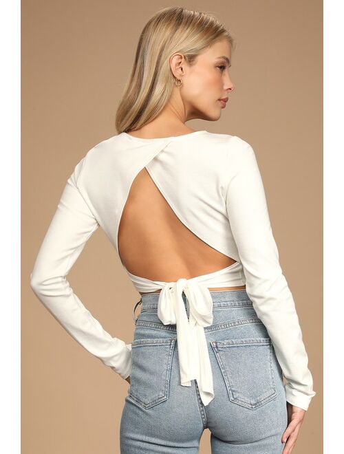 Lulus Let's Tie It White Tie-Back Cropped Long Sleeve Top