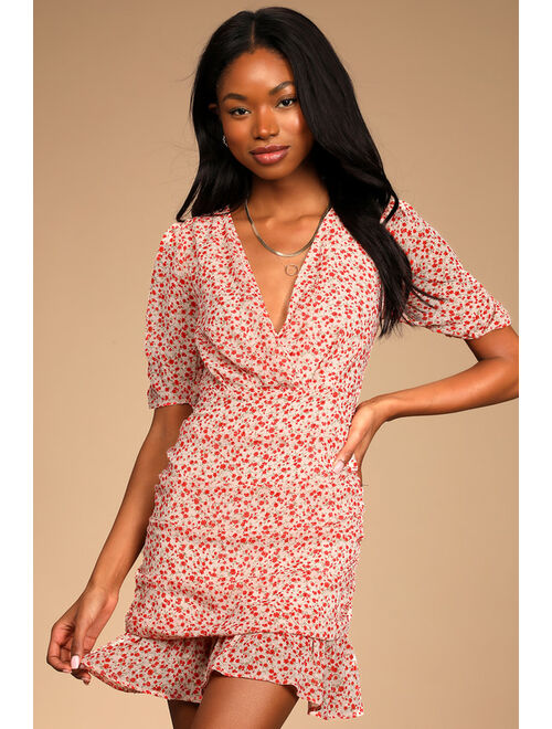 Lulus Send a Sonnet Pink Floral Print Ruched Short Sleeve Mini Dress