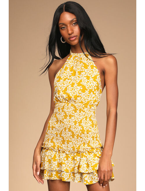 Lulus Budding Palette Yellow Floral Print Smocked Halter Mini Dress