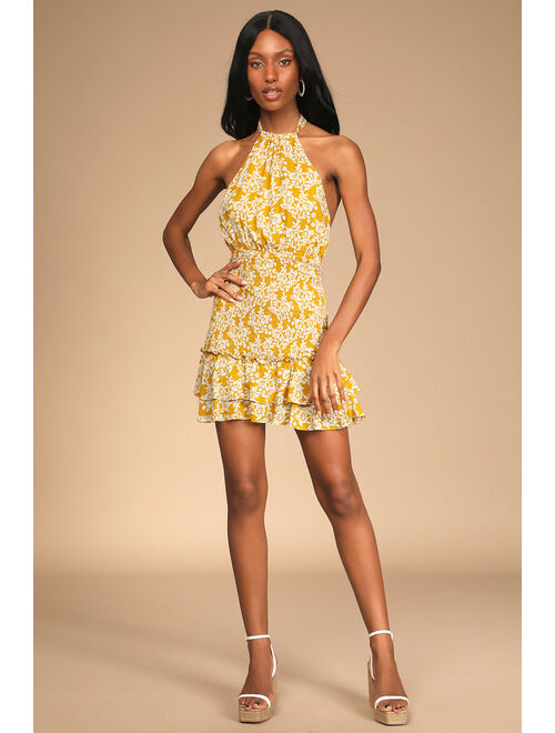 Lulus Budding Palette Yellow Floral Print Smocked Halter Mini Dress