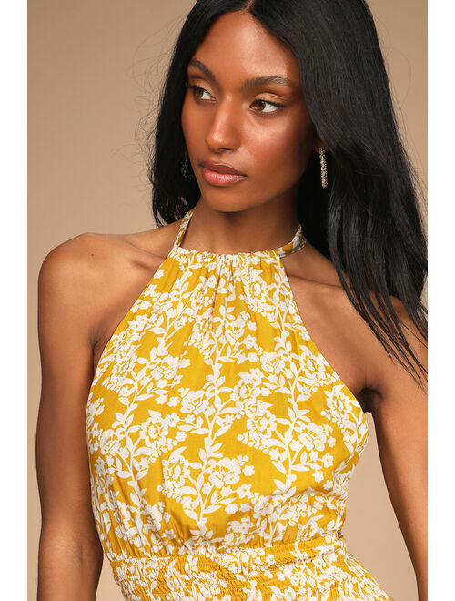 Lulus Budding Palette Yellow Floral Print Smocked Halter Mini Dress