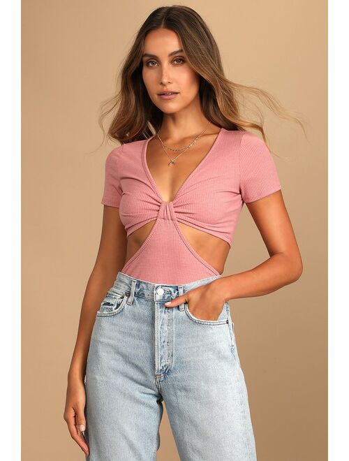 Lulus Just to Flirt Mauve Pink Ribbed Cutout Short Sleeve Top