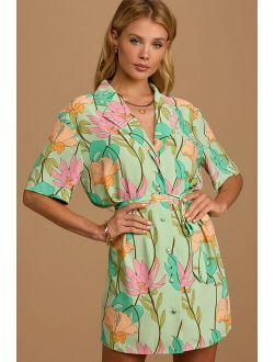Totally Tropical Light Green Floral Print Button-Up Shirt Dress