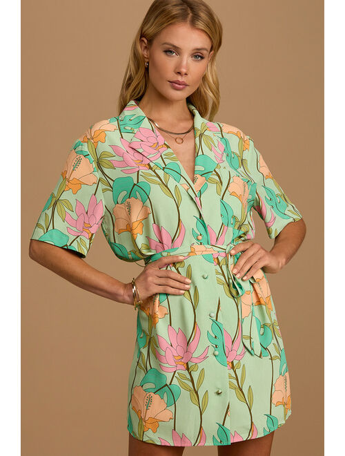 Lulus Totally Tropical Light Green Floral Print Button-Up Shirt Dress