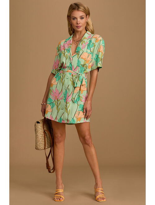 Lulus Totally Tropical Light Green Floral Print Button-Up Shirt Dress