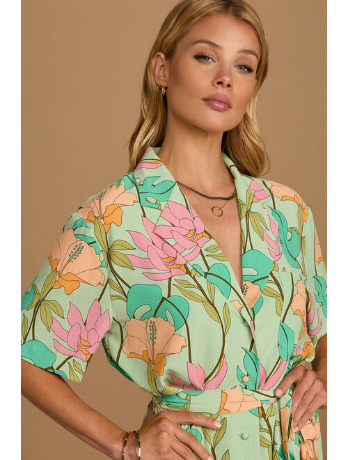 Lulus Totally Tropical Light Green Floral Print Button-Up Shirt Dress