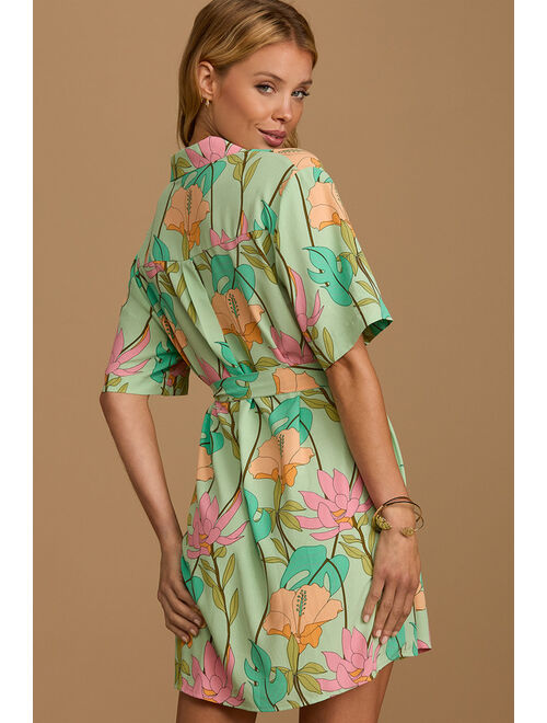 Lulus Totally Tropical Light Green Floral Print Button-Up Shirt Dress