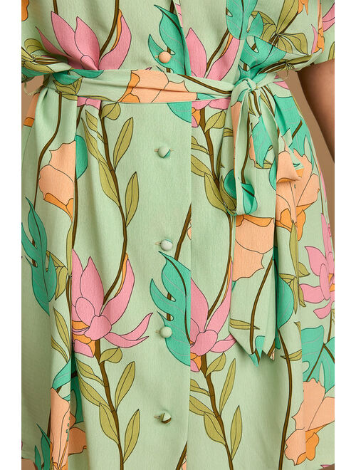 Lulus Totally Tropical Light Green Floral Print Button-Up Shirt Dress