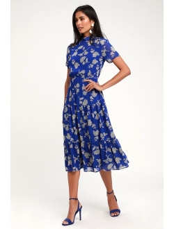 Floral Dressed Up Dusty Blue Floral Print Midi Dress