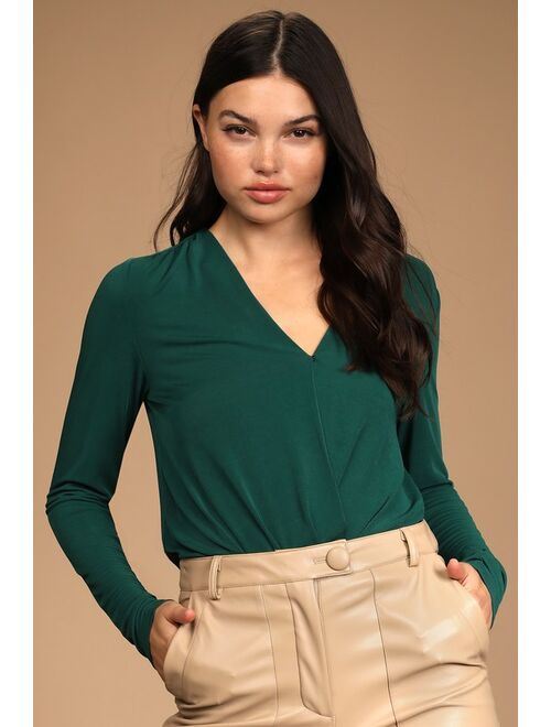 Lulus Majorly Stunning Emerald Green Surplice Long Sleeve Bodysuit