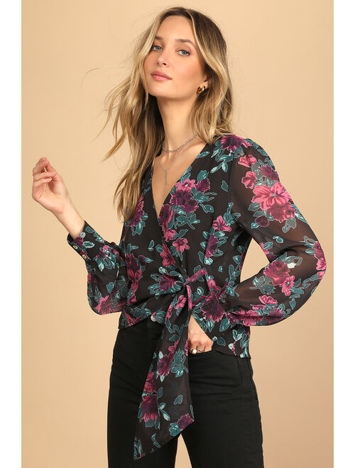 Lulus Trending Now Black Floral Print Long Sleeve Wrap Top