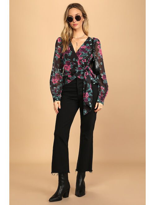 Lulus Trending Now Black Floral Print Long Sleeve Wrap Top