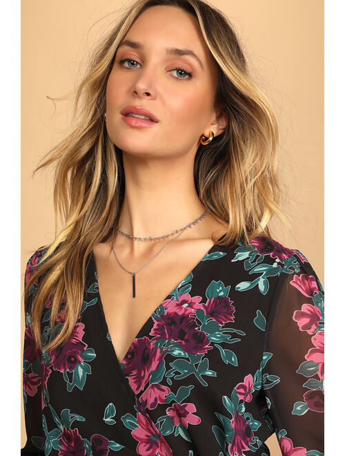 Lulus Trending Now Black Floral Print Long Sleeve Wrap Top