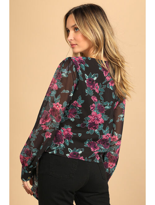 Lulus Trending Now Black Floral Print Long Sleeve Wrap Top