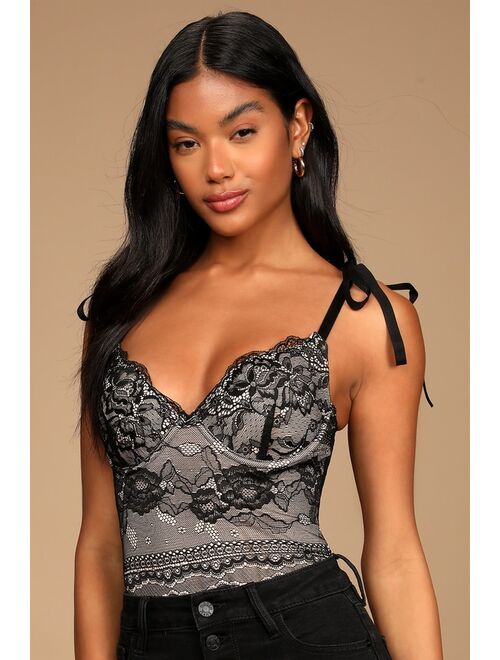 Lulus Not So Subtle Black Lace Tie-Strap Padded Bustier Bodysuit