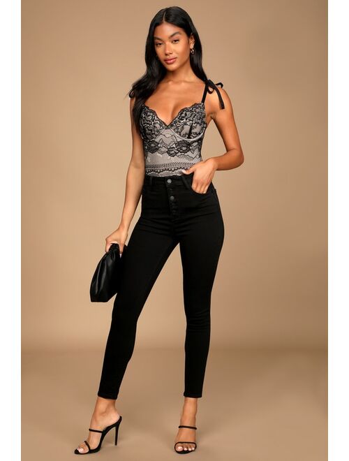 Lulus Not So Subtle Black Lace Tie-Strap Padded Bustier Bodysuit