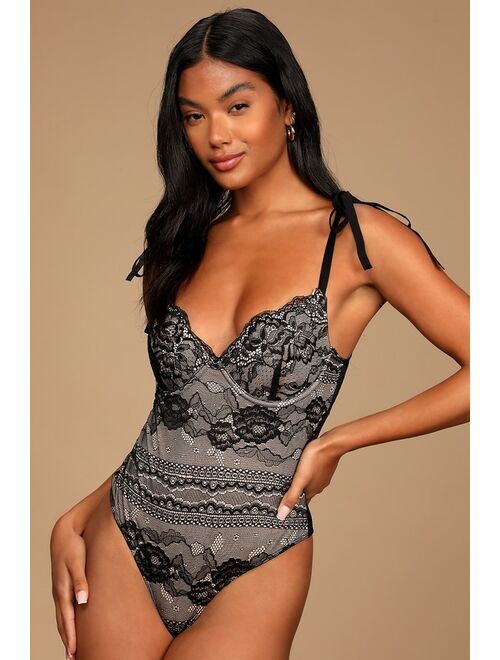 Lulus Not So Subtle Black Lace Tie-Strap Padded Bustier Bodysuit